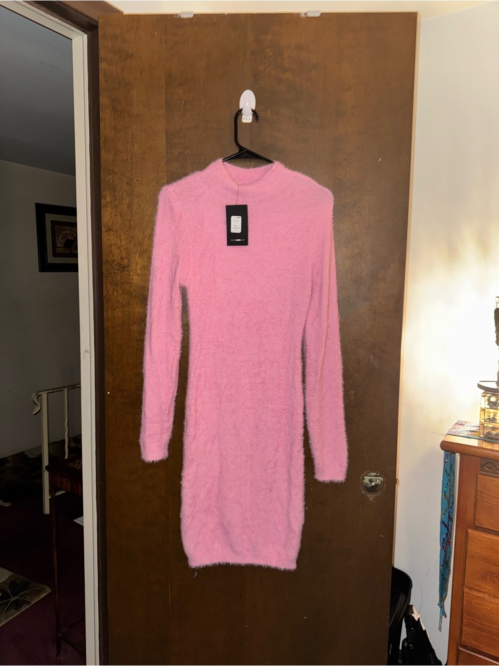 Fashion Nova Pink Fuzzy Long-Sleeve Bodycon Dress